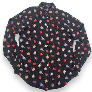Ishyu Multicolor Handbag Print Black Silk Button Up Tunic Size 8